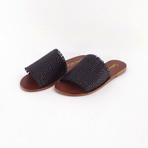 Splendid Slide Sandals Leather Woven Upper Fringe Flats Size 6 Black Brown
